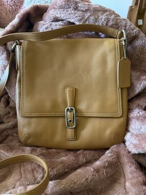 Coach Mustard Tan Leather Crossbody Bag with Buckle Accent